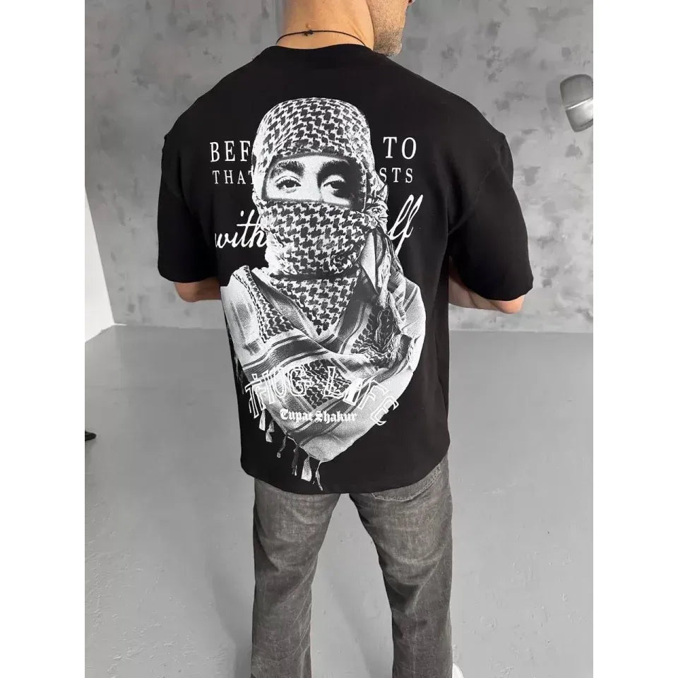 Unisex Baskılı Oversize T-Shirt - Siyah