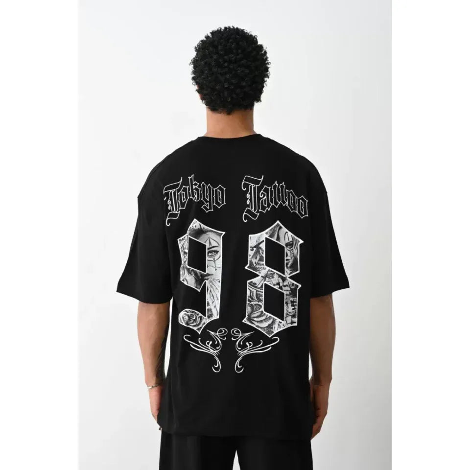 Unisex Baskılı Oversize T-Shirt - Siyah