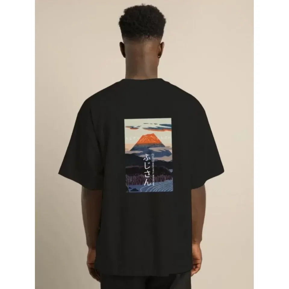 Unisex Bisiklet Yaka Baskılı Oversize T-Shirt - Siyah