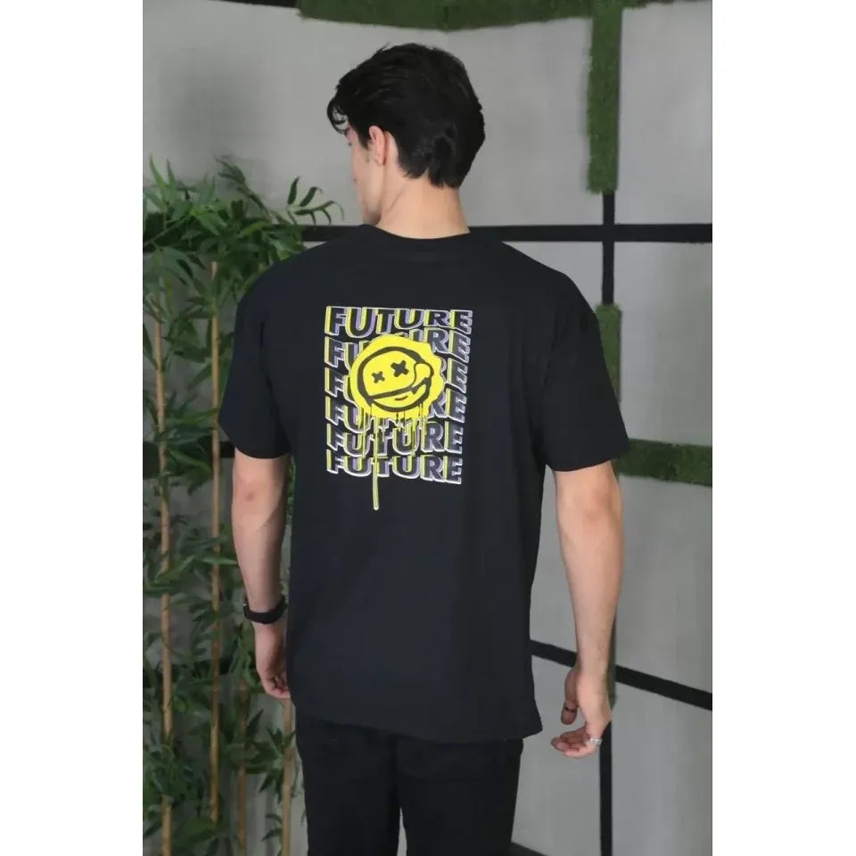 Unisex Bisiklet Yaka Baskılı Oversize T-Shirt - Siyah