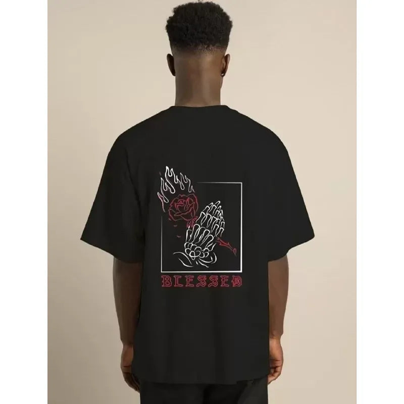 Unisex Bisiklet Yaka Oversize Baskılı T-Shirt - Siyah