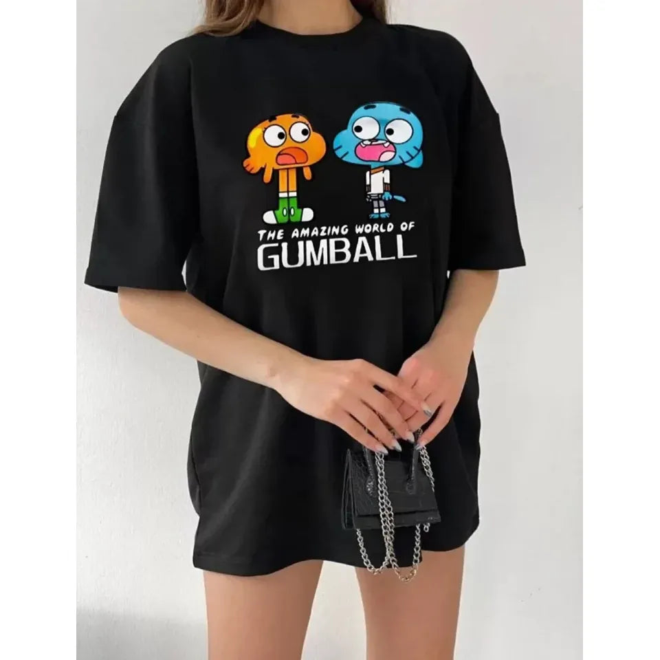 Bisiklet Yaka Baskılı Oversize T-Shirt - Siyah