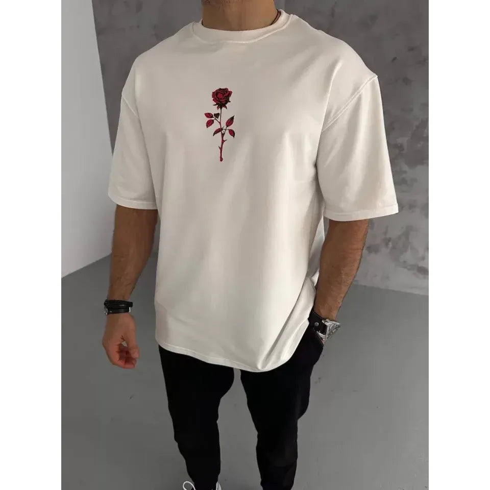 Unisex Bisiklet Yaka Baskılı Oversize T-Shirt - Beyaz