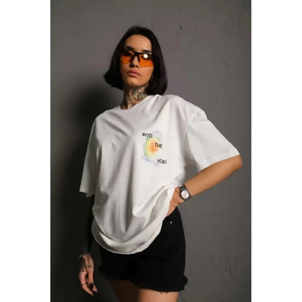 Unisex Bisiklet Yaka Baskılı Oversize T-Shirt - Beyaz