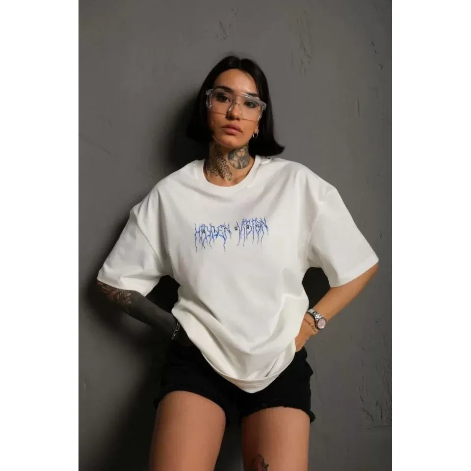 Unisex Bisiklet Yaka Baskılı Oversize T-Shirt - Beyaz