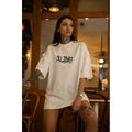 Unisex Bisiklet Yaka Baskılı Oversize T-Shirt - Beyaz