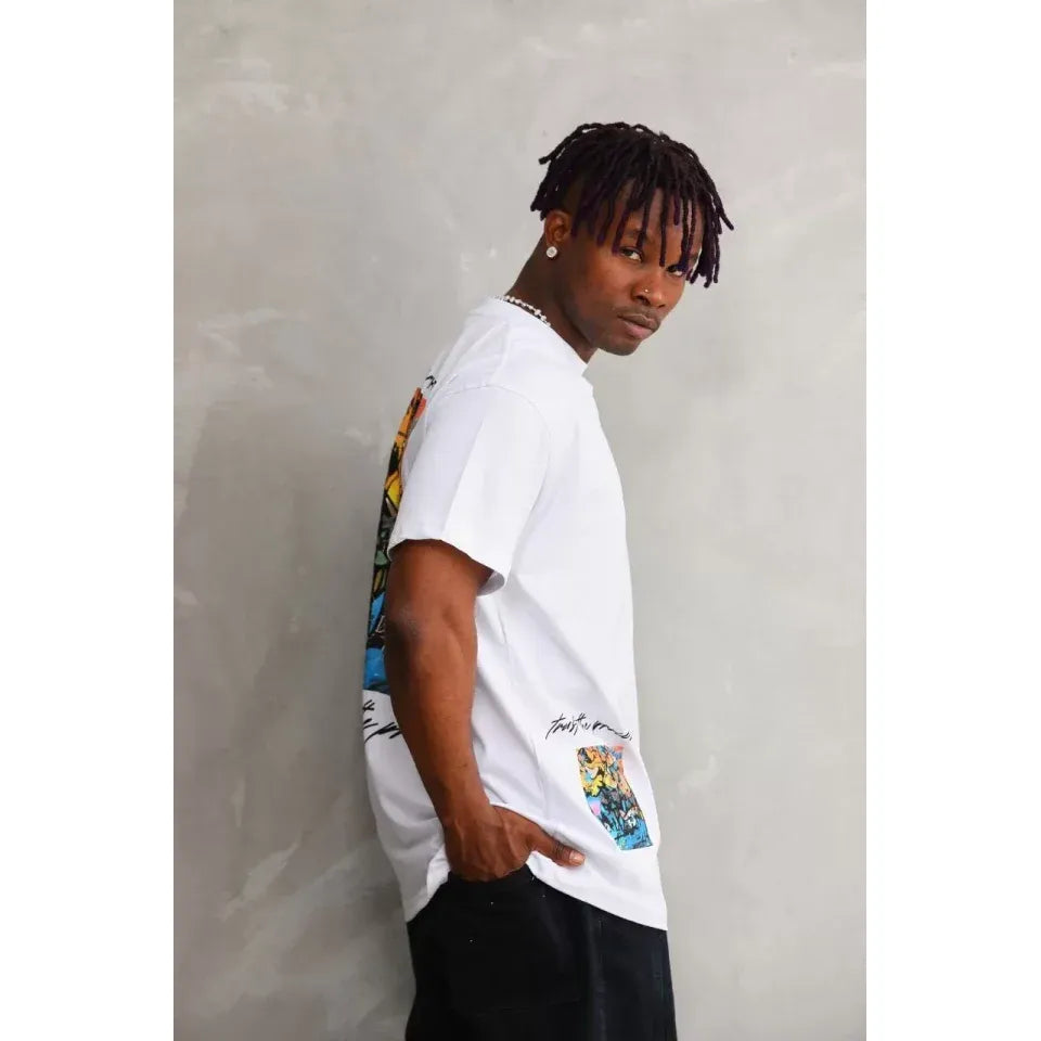 Unisex Bisiklet Yaka Baskılı Oversize T-Shirt - Beyaz