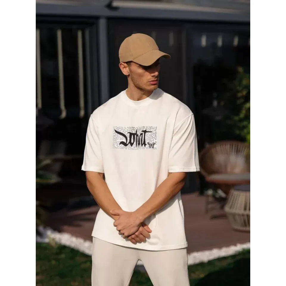 Unisex Bisiklet Yaka Baskılı Oversize T-Shirt - Beyaz