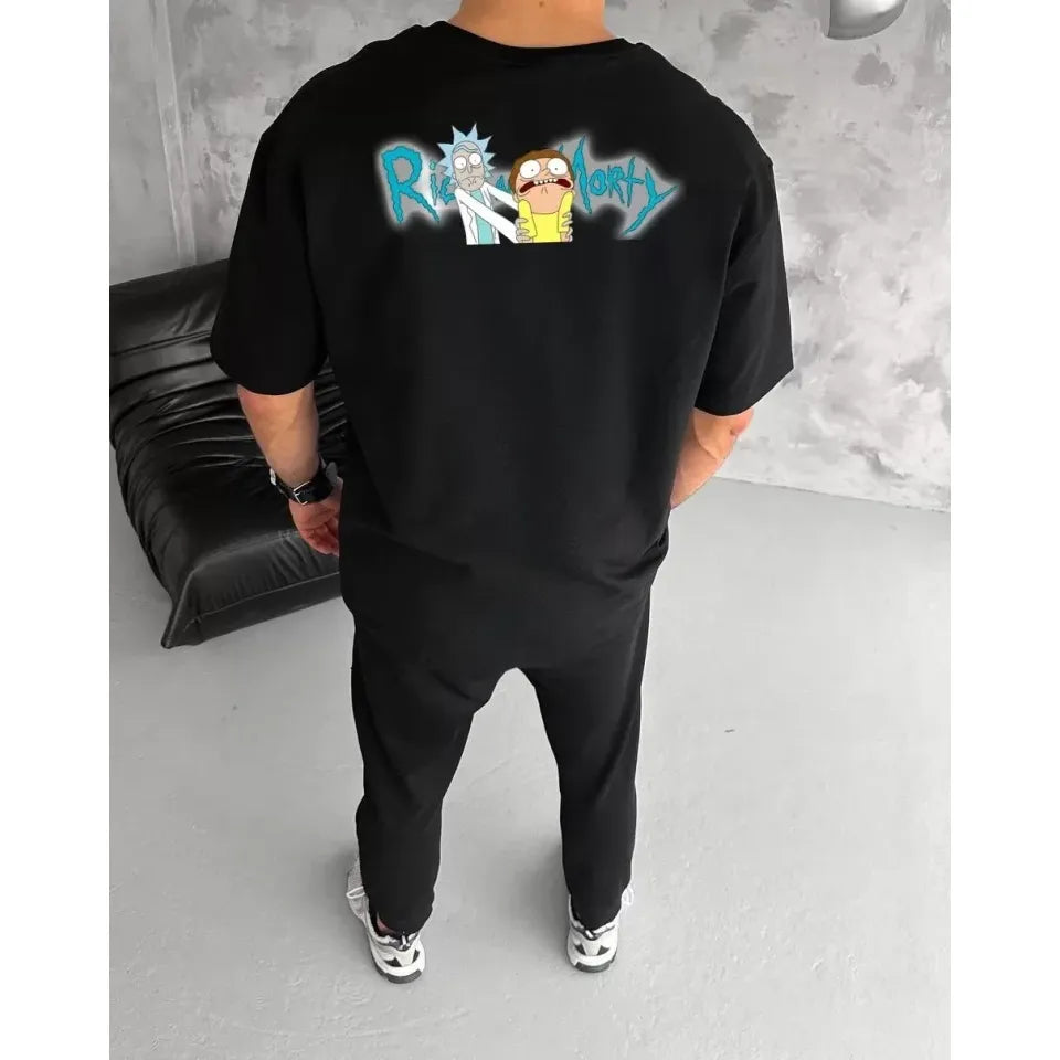 Unisex Bisiklet Yaka Baskılı Oversize T-Shirt - Siyah