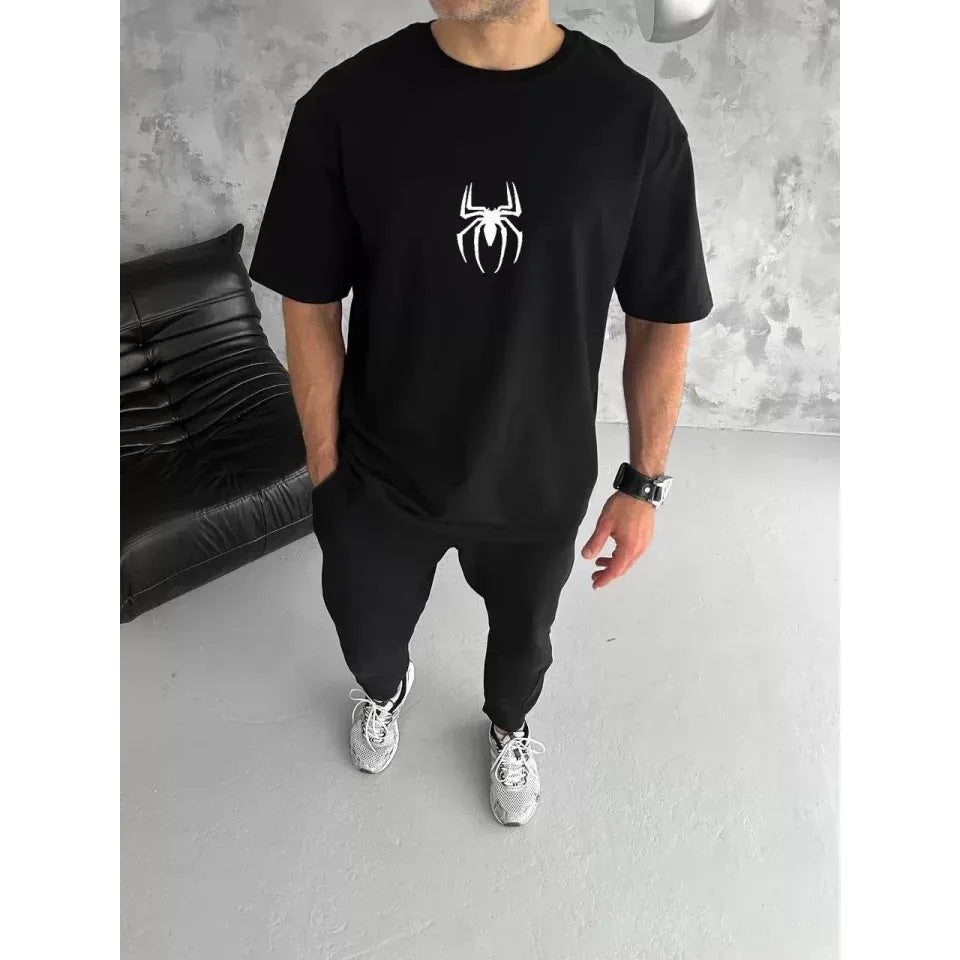 Unisex Bisiklet Yaka Baskılı Oversize T-Shirt - Siyah