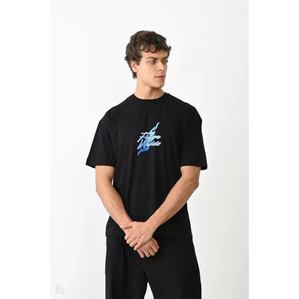 Unisex Bisiklet Yaka Baskılı Oversize T-Shirt - Siyah