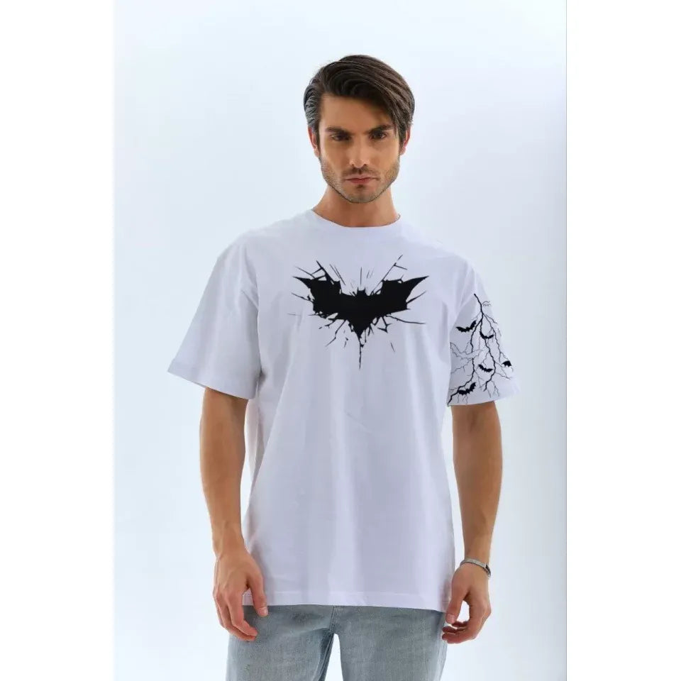 Unisex Ön Ve Kol Baskılı Oversize T-shirt - Beyaz