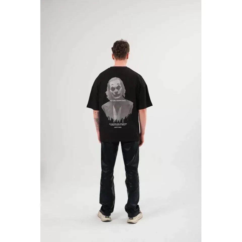 Unisex Bisiklet Yaka Baskılı Oversize T-Shirt - Siyah