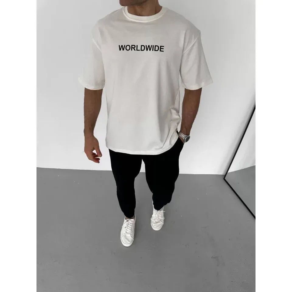 Unisex Bisiklet Yaka Baskılı Oversize T-Shirt - Beyaz