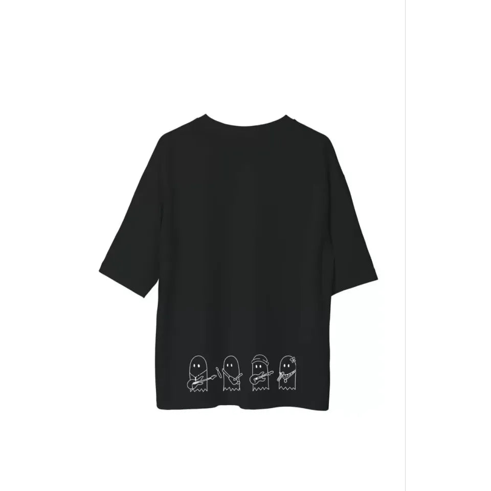 Unisex Bisiklet Yaka Baskılı Oversize T-Shirt - Siyah