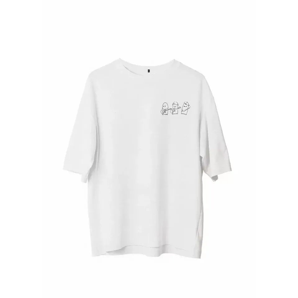Unisex Bisiklet Yaka Baskılı Oversize T-Shirt - Beyaz
