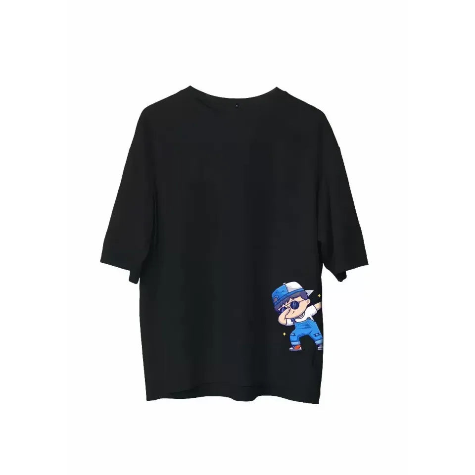 Unisex Bisiklet Yaka Baskılı Oversize T-Shirt - Siyah