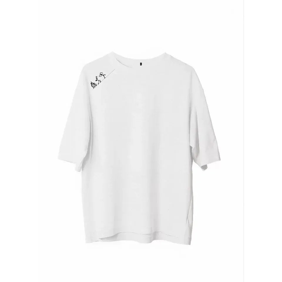 Unisex Bisiklet Yaka Baskılı Oversize T-Shirt - Beyaz