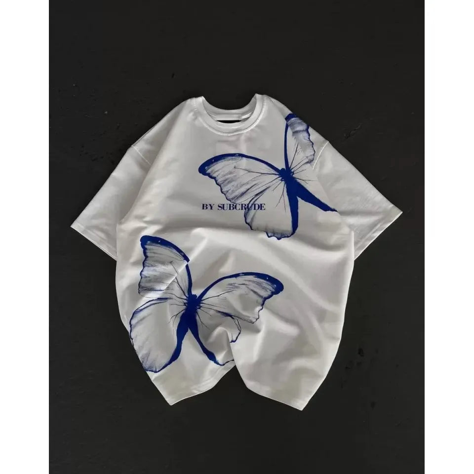 Unisex Bisiklet Yaka Baskılı Oversize T-Shirt - Beyaz