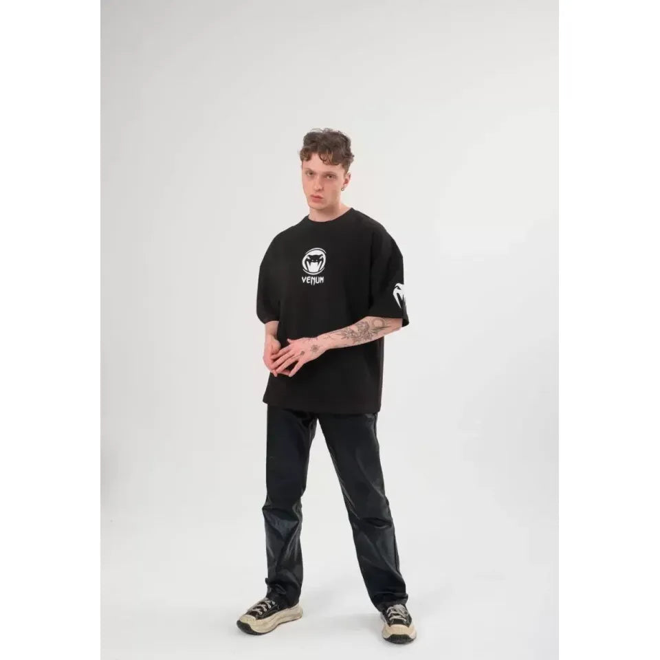 Unisex Bisiklet Yaka Baskılı Oversize T-Shirt - Siyah