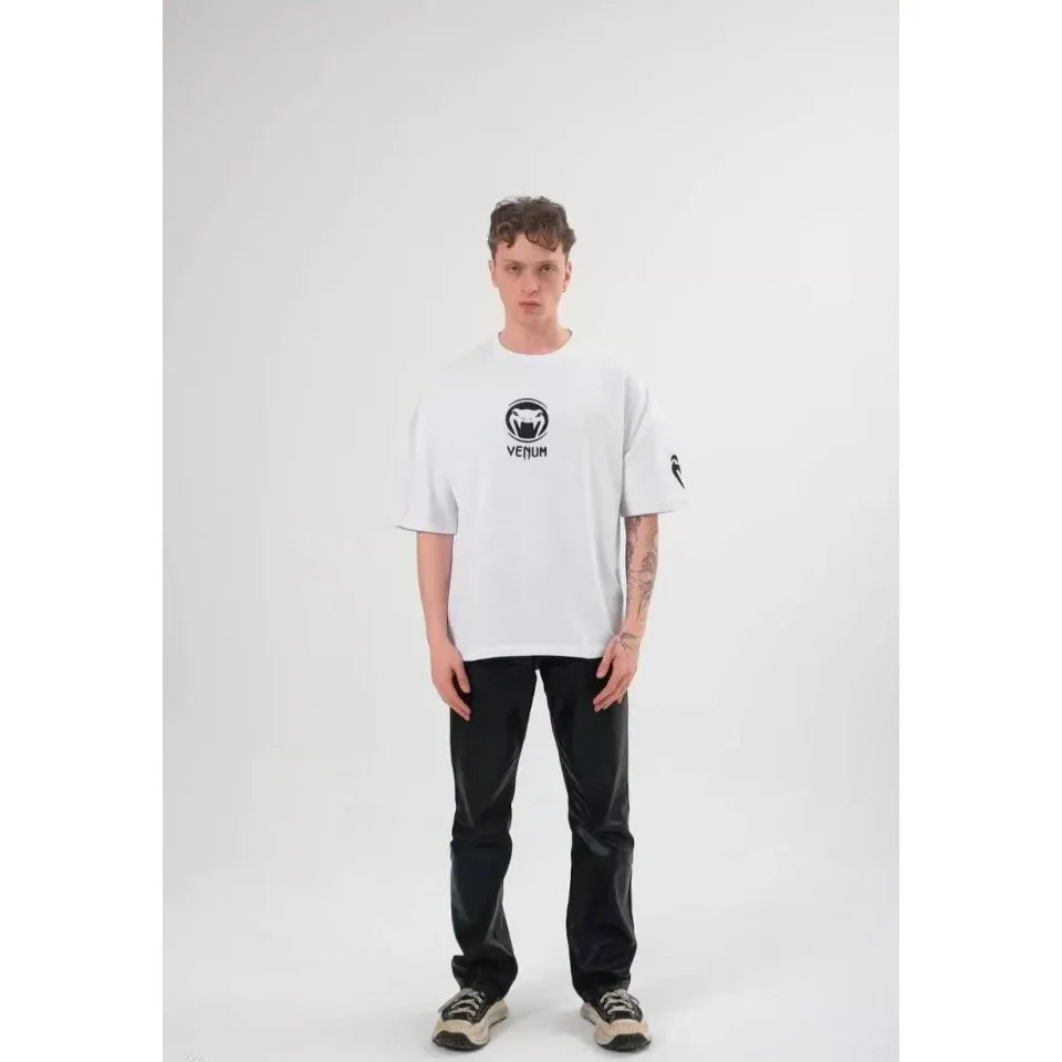 Unisex Bisiklet Yaka Baskılı Oversize T-Shirt - Beyaz