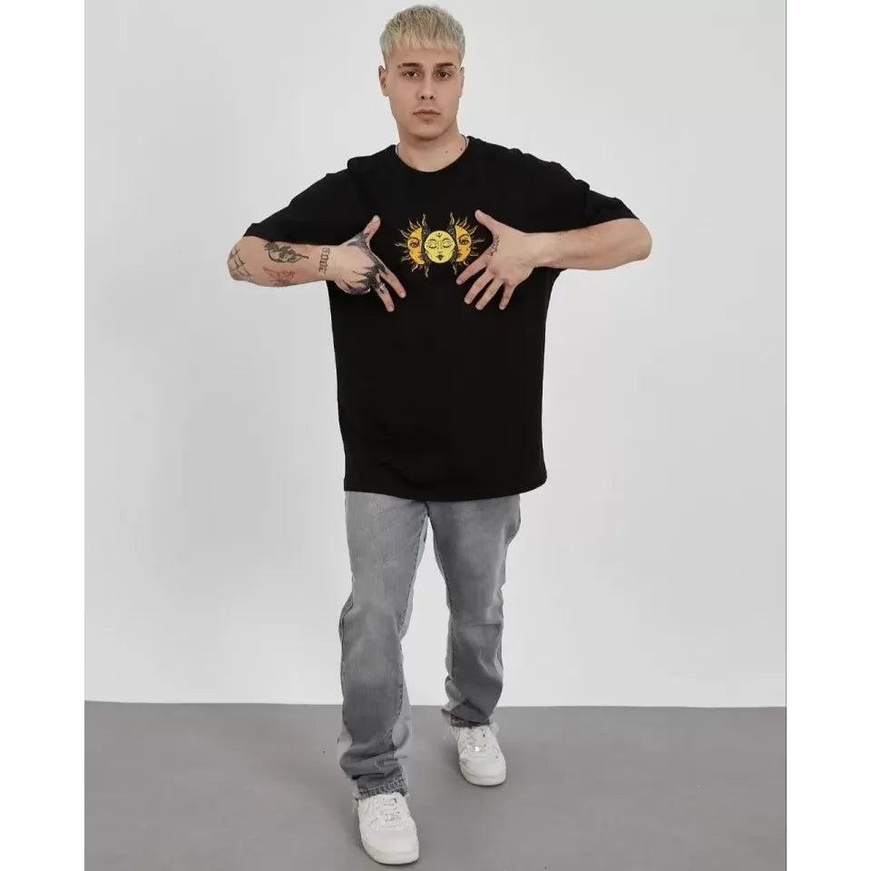 Unisex Bisiklet Yaka Baskılı Oversize T-Shirt - Siyah