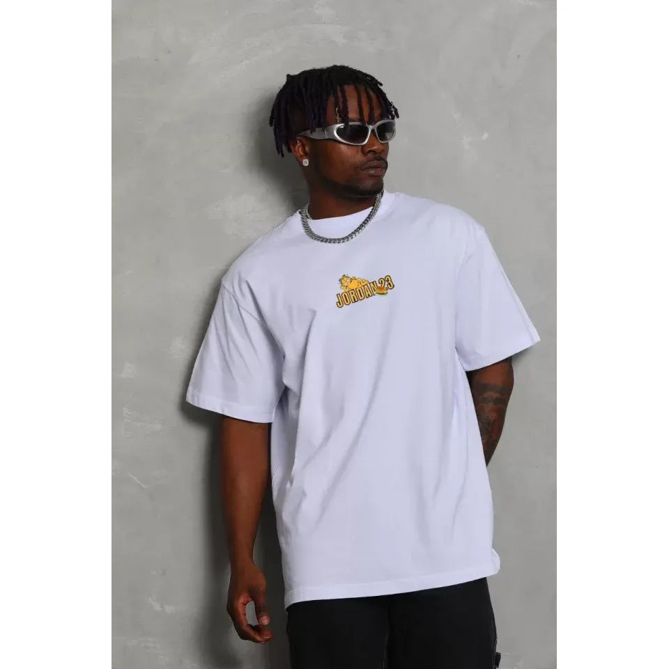 Unisex Bisiklet Yaka Baskılı Oversize T-Shirt - Beyaz