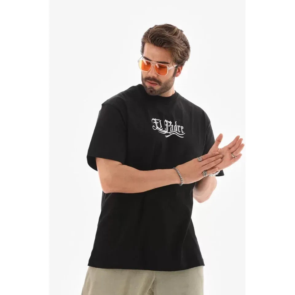 Unisex Bisiklet Yaka Baskılı Oversize T-Shirt - Siyah