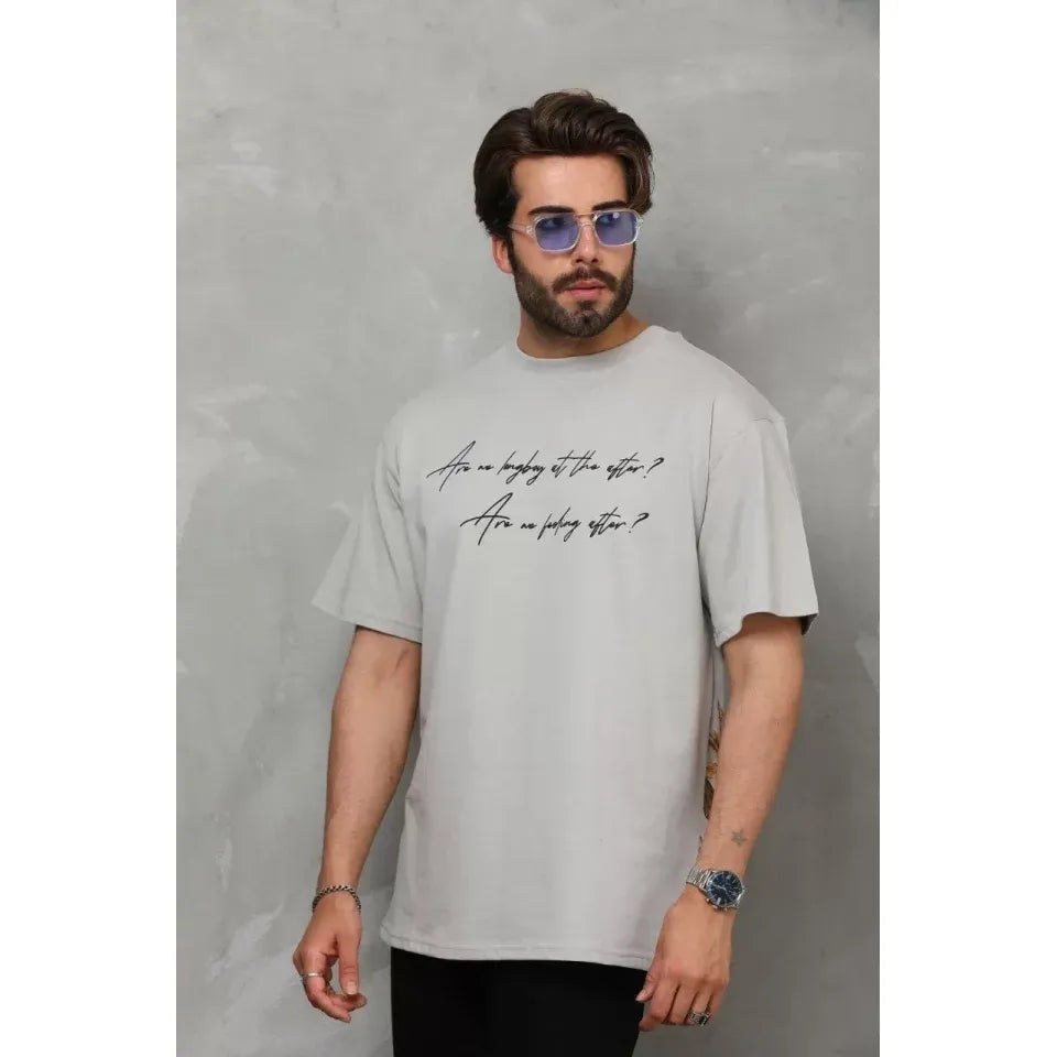Unisex Bisiklet Yaka Baskılı Oversize T-Shirt - Gri