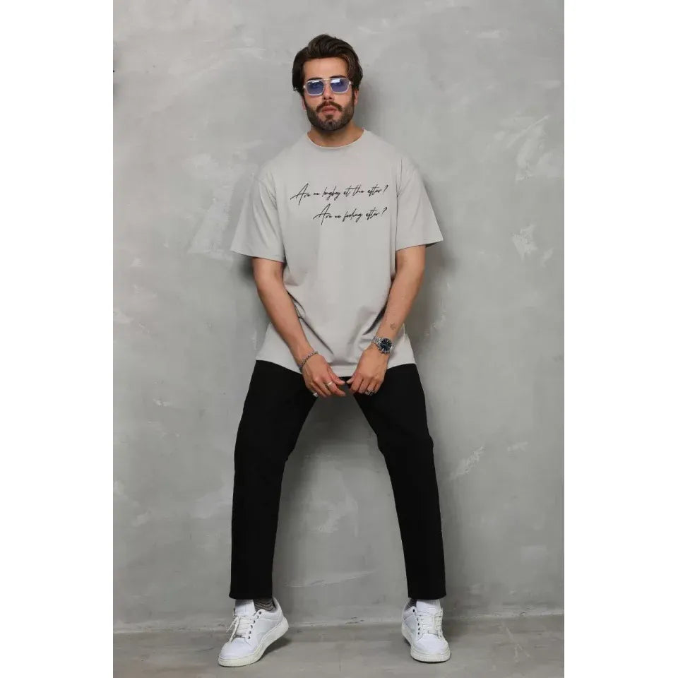Unisex Bisiklet Yaka Baskılı Oversize T-Shirt - Gri
