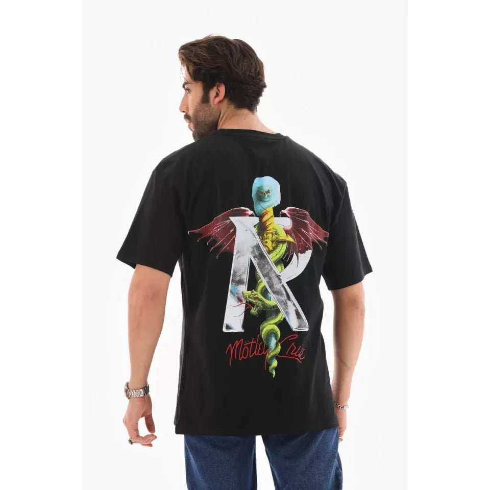 Unisex Bisiklet Yaka Baskılı Oversize T-Shirt - Siyah
