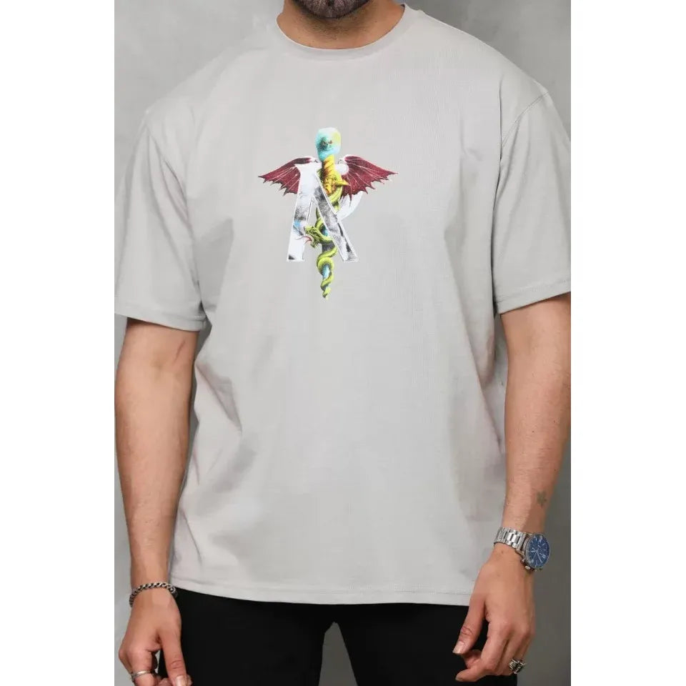 Unisex Bisiklet Yaka Baskılı Oversize T-Shirt - Gri