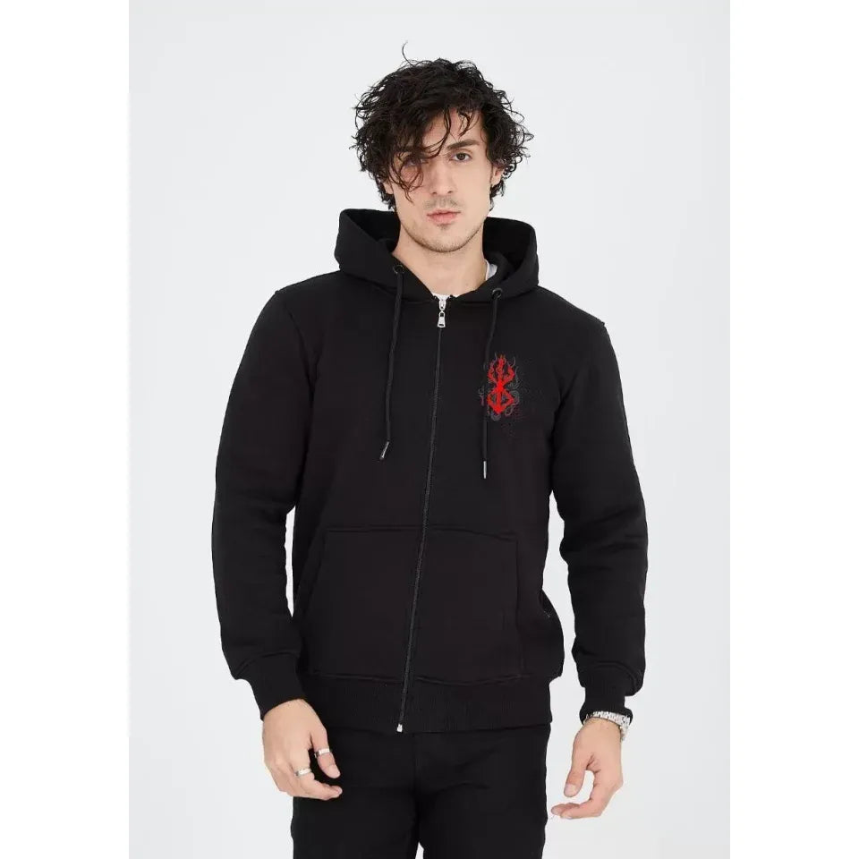 Unisex Baskılı Tam Fermuarlı Kapşonlu SweatShirt - Siyah