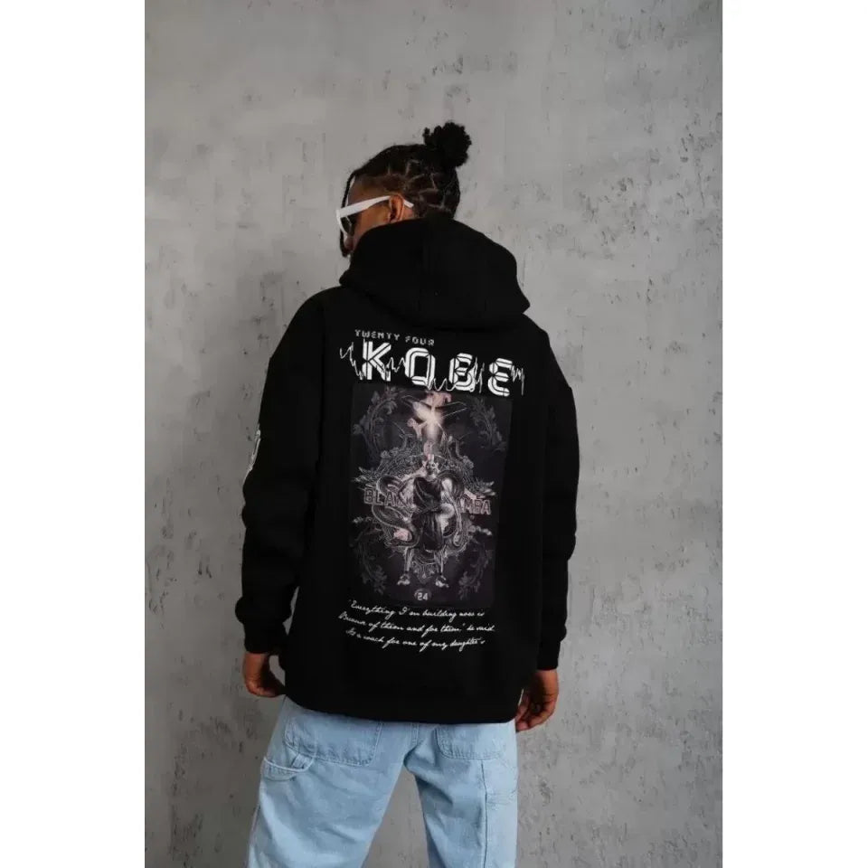 Unisex Sırt Baskılı Kapüşonlu Üç İplik Oversize Sweatshirt - Siyah