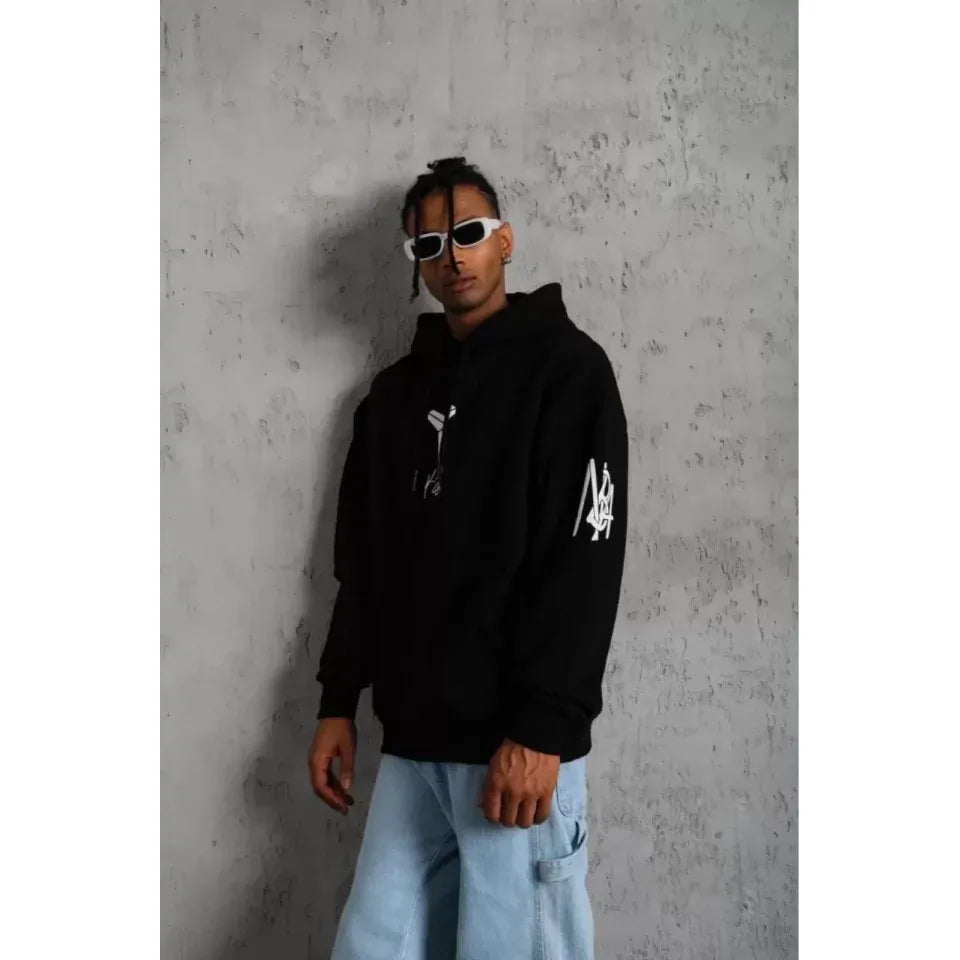 Unisex Sırt Baskılı Kapüşonlu Üç İplik Oversize Sweatshirt - Siyah