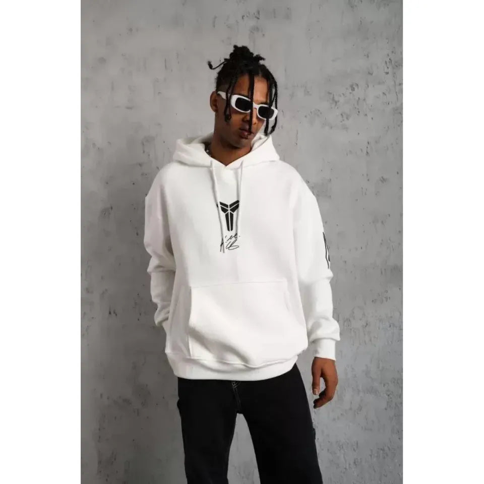 Unisex Sırt Baskılı Kapüşonlu Üç İplik Oversize Sweatshirt - Beyaz