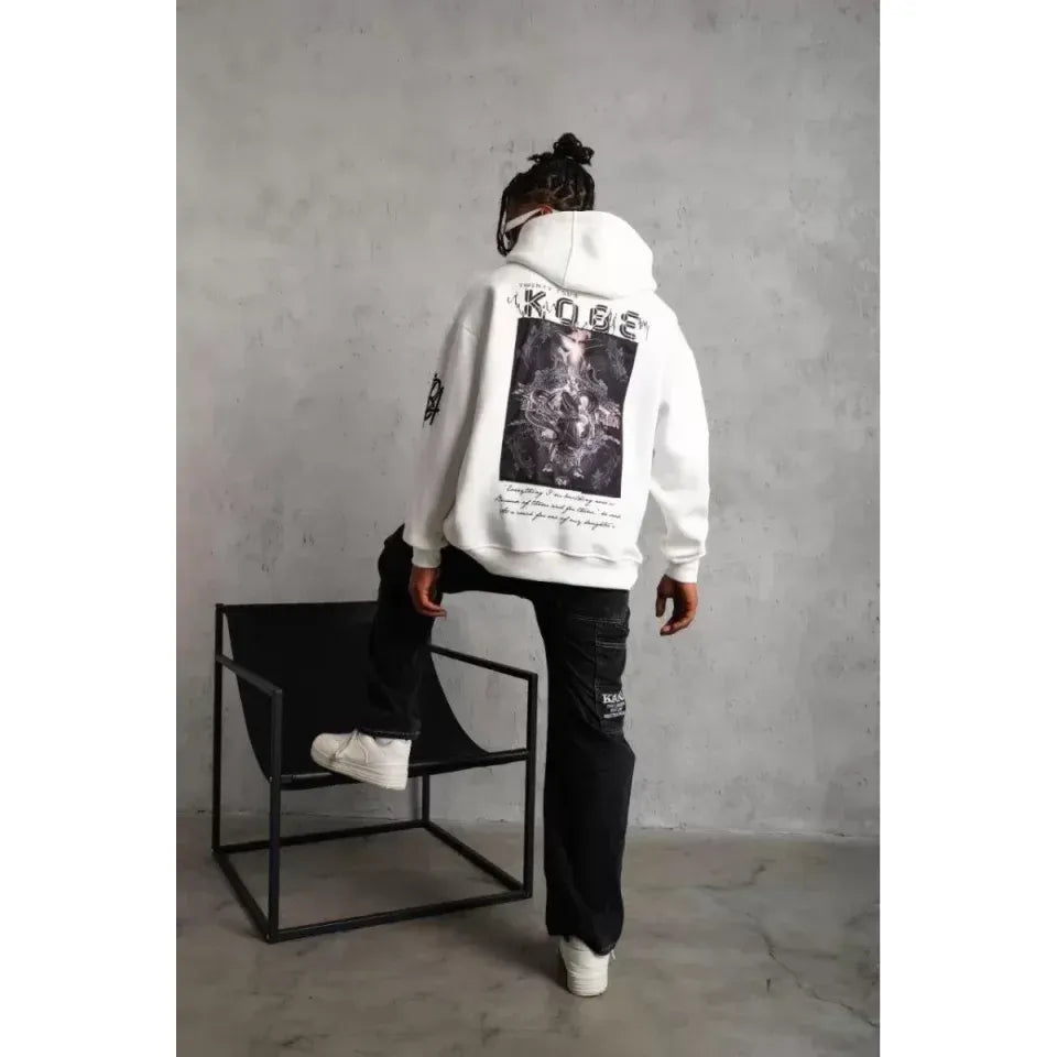 Unisex Sırt Baskılı Kapüşonlu Üç İplik Oversize Sweatshirt - Beyaz