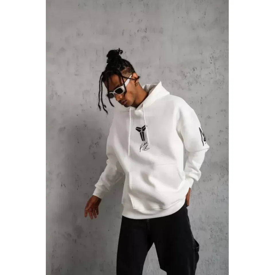 Unisex Sırt Baskılı Kapüşonlu Üç İplik Oversize Sweatshirt - Beyaz