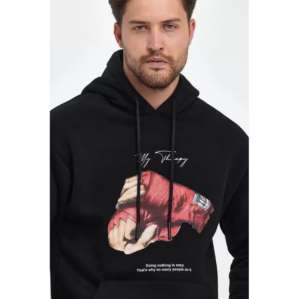 Unisex Kapüşonlu Üç İplik Oversize Baskılı Sweatshirt - Siyah