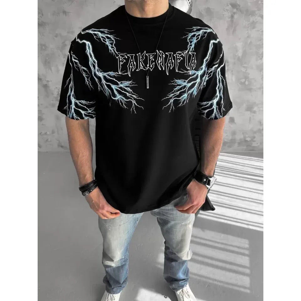 Unisex Bisiklet Yaka Baskılı Oversize T-Shirt - Siyah