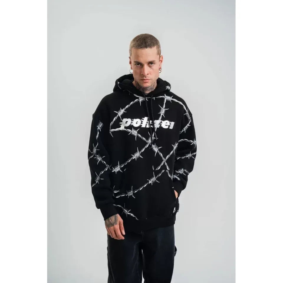 POLIZEI Premium Kalite Kapşonlu Varak Ve Pano Baskılı SweatShirt - Siyah