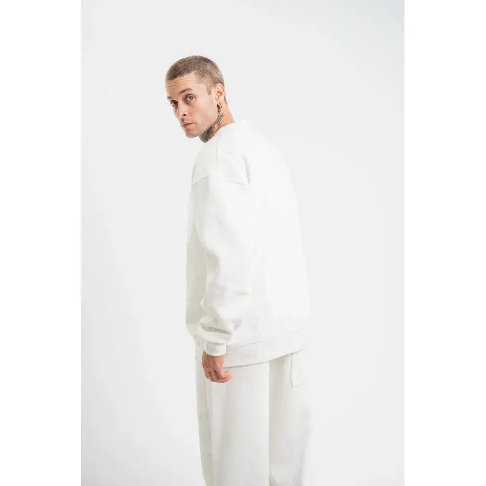 Unisex Uzun Kol Bisiklet Yaka Yıkamalı SweatShirt - Beyaz