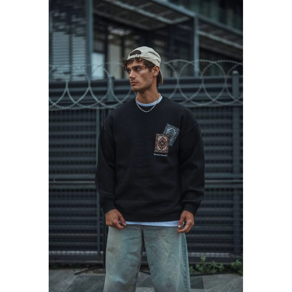 Uzun Kol Bisiklet Yaka Baskılı SweatShirt - Siyah