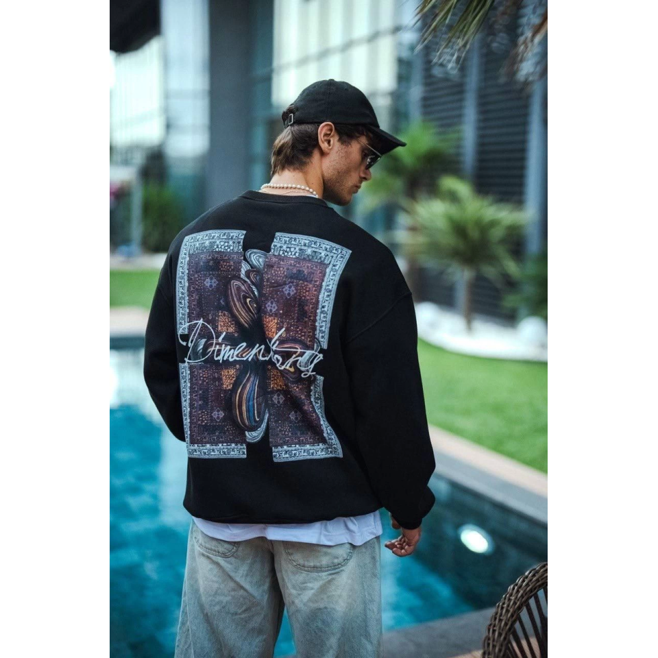 Uzun Kol Bisiklet Yaka Ön Ve Arka Baskılı SweatShirt - Siyah