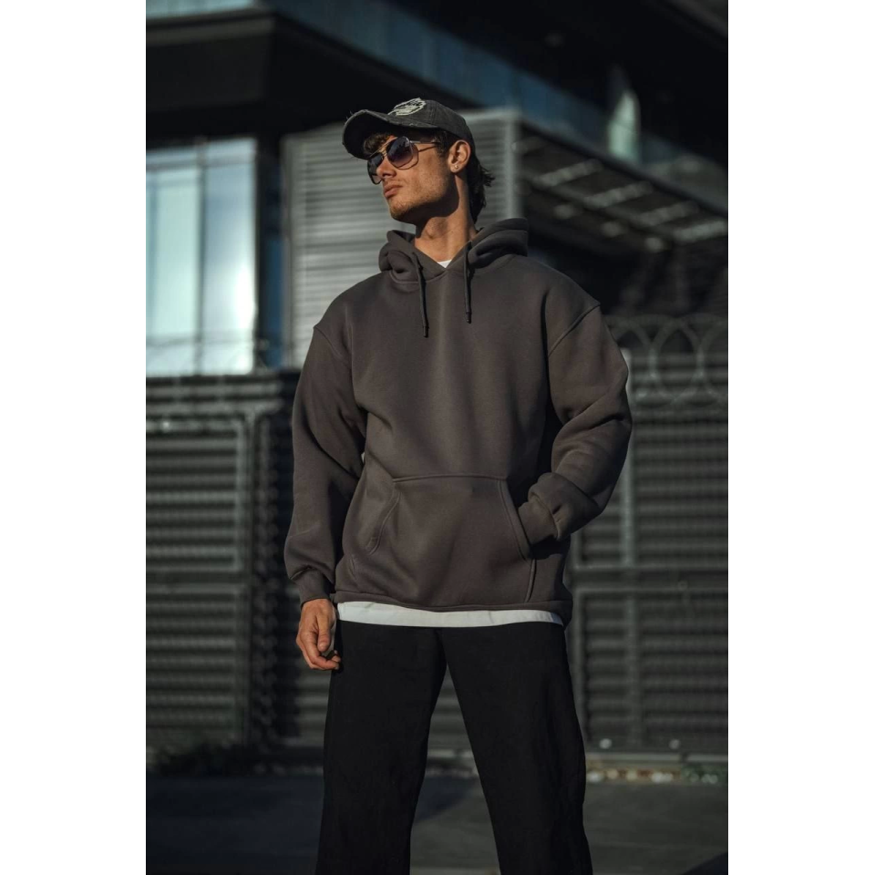 Üç İplik Penye Kapşonlu Basic SweatShirt - Antrasit