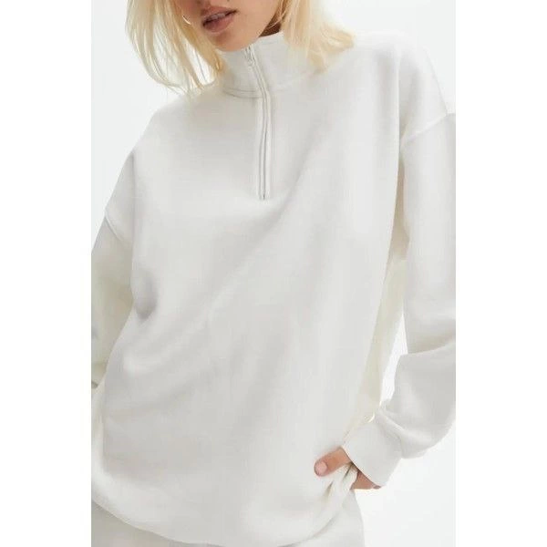 Unisex Uzun Kol Yarım Farmuarlı Yakalı Basic SweatShirt - Beyaz