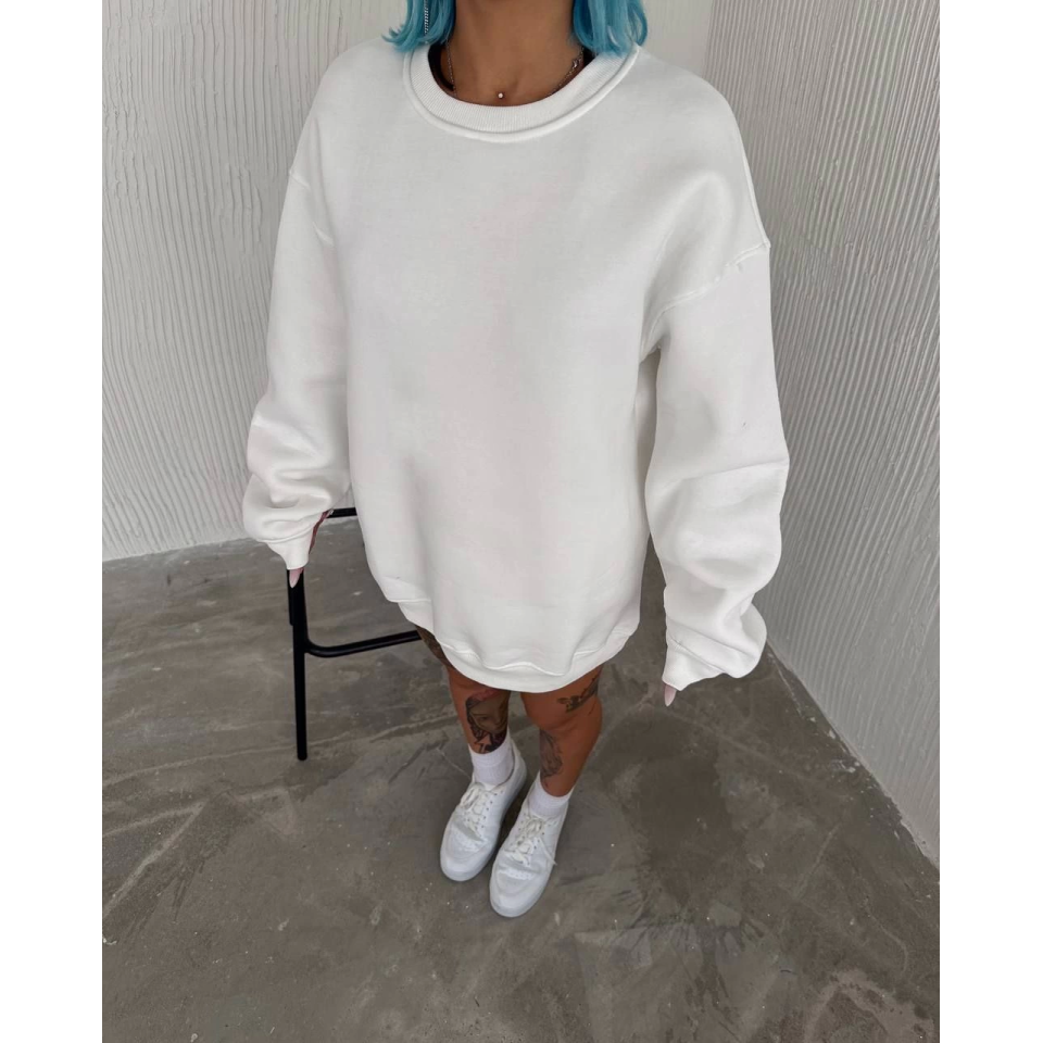 Kışlık Bisiklet Yaka Üç İplik Basic SweatShirt - Beyaz