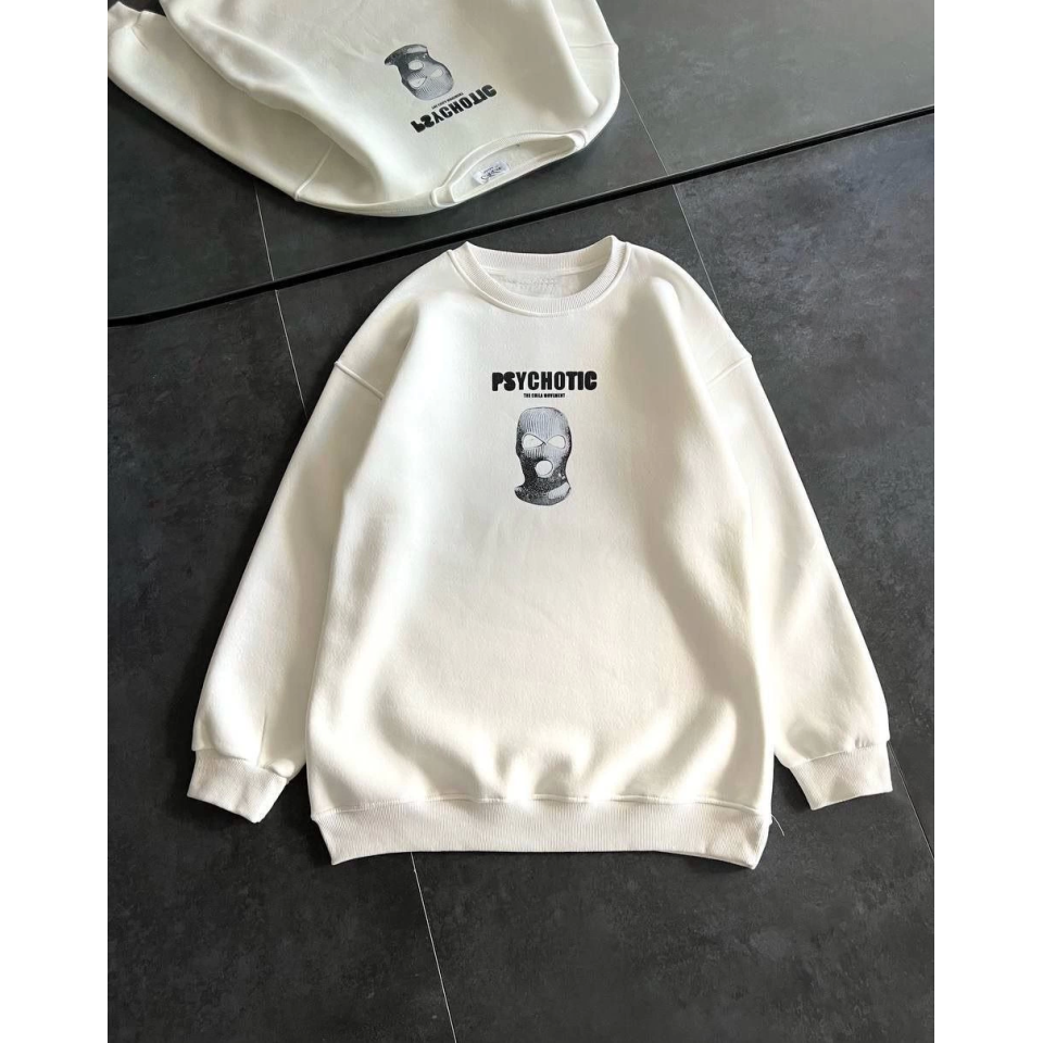 Kışlık Bisiklet Yaka Baskılı SweatShirt - Beyaz