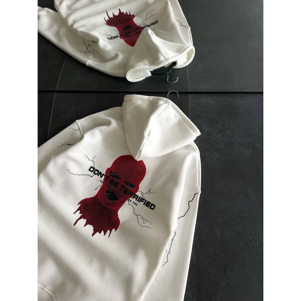 Üç İplik Kapşonlu Baskılı Oversize SweatShirt- Beyaz