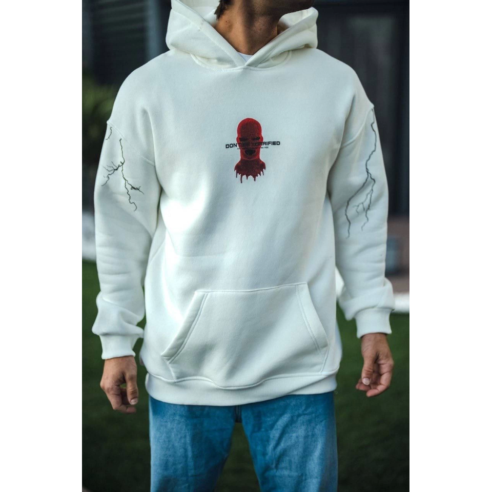 Üç İplik Kapşonlu Baskılı Oversize SweatShirt- Beyaz